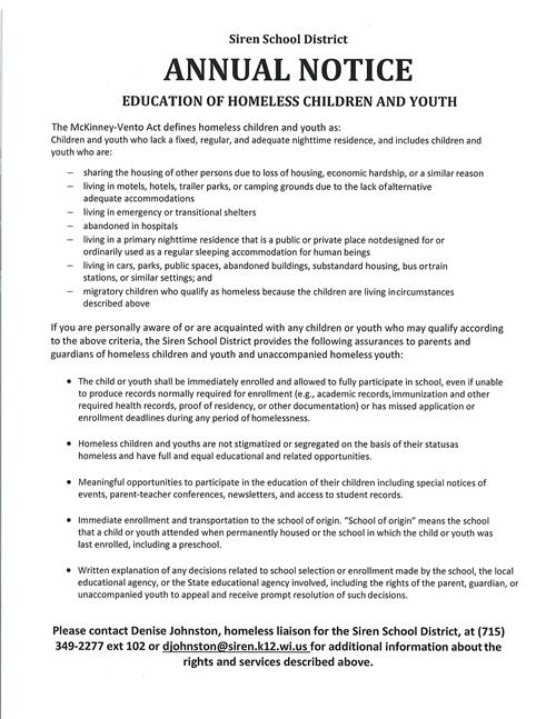 Annual Notice Education of Homeless Children and Youth